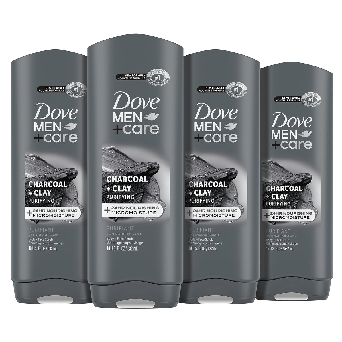 DOVE MEN + CARE front packaging showing charcoal clay benefit and clear labeling