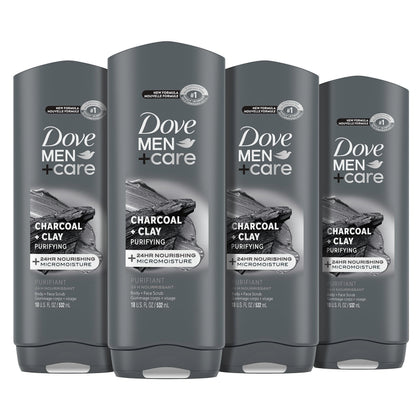DOVE MEN + CARE front packaging showing charcoal clay benefit and clear labeling