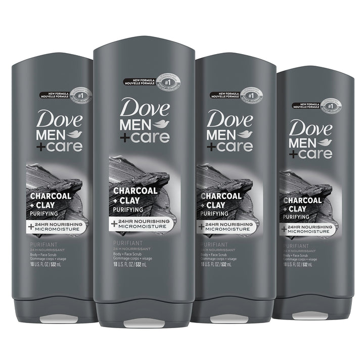 DOVE MEN + CARE front packaging showing charcoal clay benefit and clear labeling