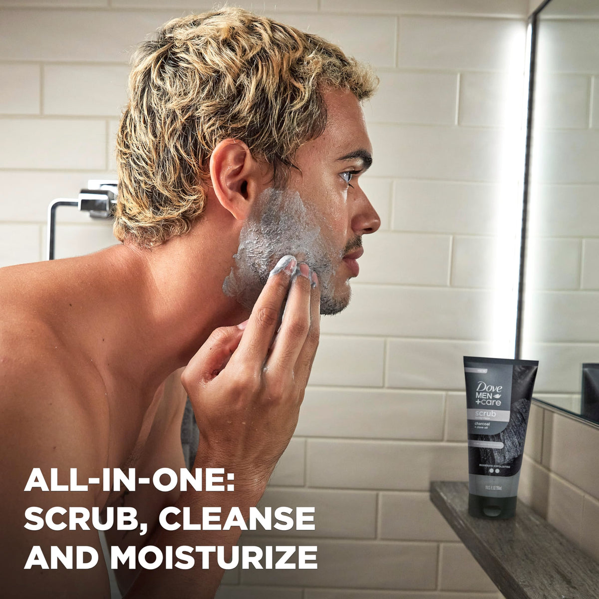 DOVE MEN + CARE in-shower pump showing easy application benefit