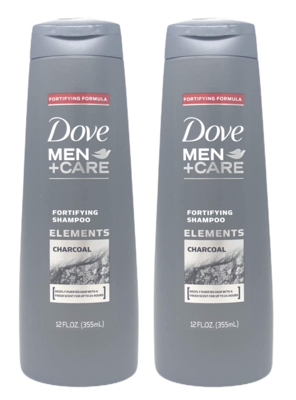 Dove Men+Care front packaging showing two 12 oz bottles and product benefits