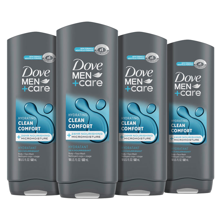 Dove Men+Care front bottle view showing label and size for easy recognition and selection