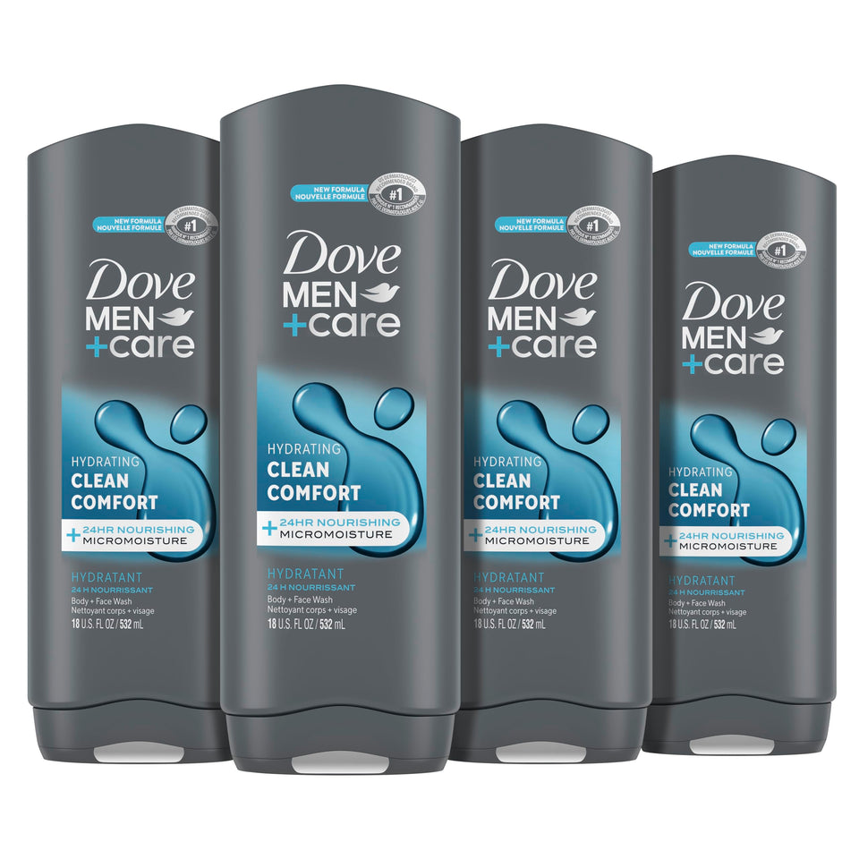 Dove Men+Care front bottle view showing label and size for easy recognition and selection