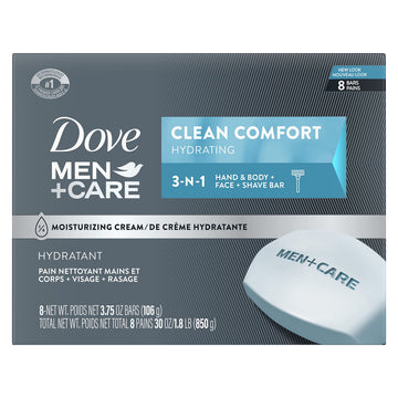 DOVE MEN + CARE front packaging showing eight bars and benefits