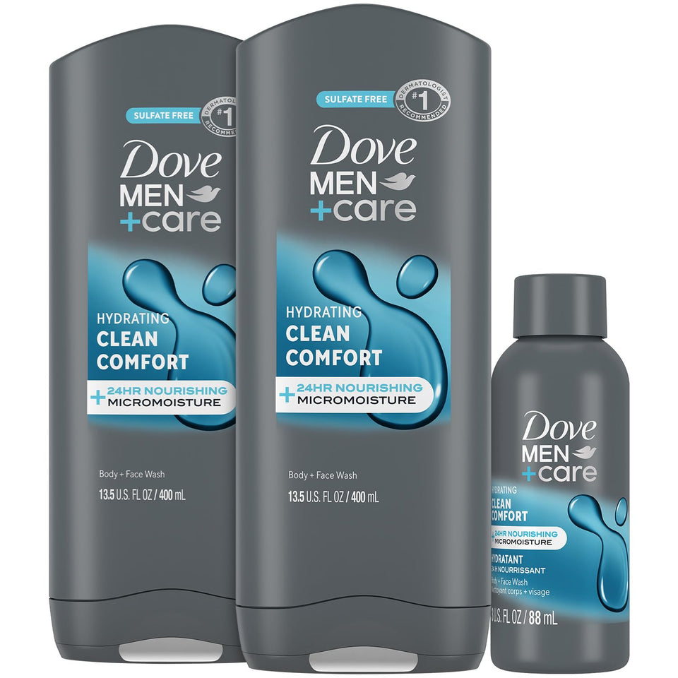 Dove Men+Care front packaging showing two full-size bottles and travel size for convenience