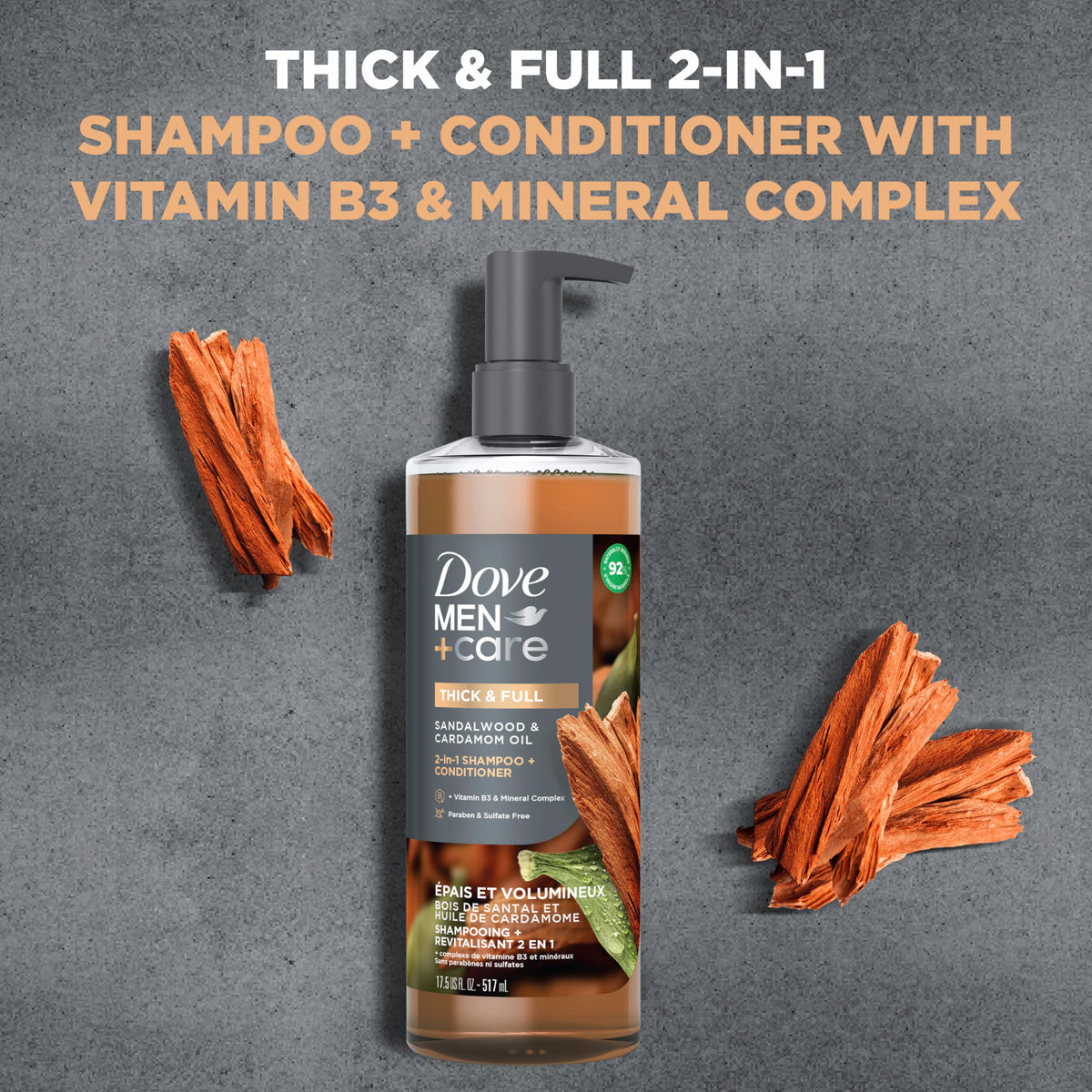 DOVE MEN + CARE label close-up highlighting vitamin B3 and mineral complex benefits