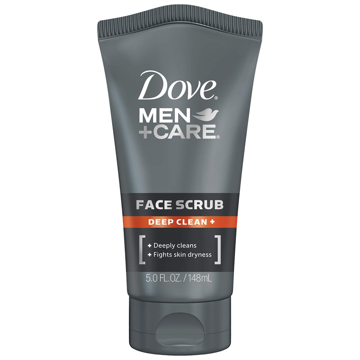 Dove Men+Care front packaging showing 5 oz tube and product name, clear benefits