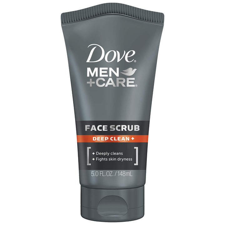 Dove Men+Care front packaging showing 5 oz tube and product name, clear benefits