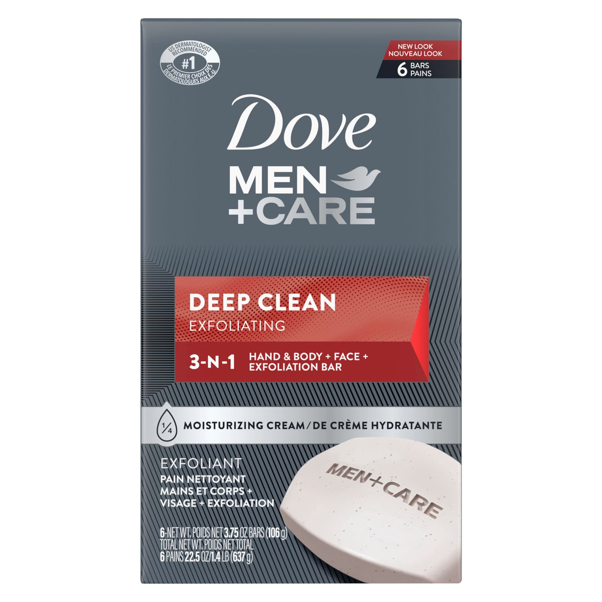 Dove Men+Care front packaging showing six bars and benefits