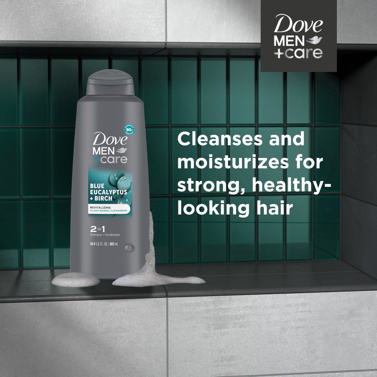 Dove Men + Care label highlighting 100% recycled bottle and recyclable benefit