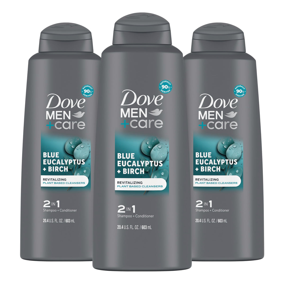 Dove Men + Care bottle front packaging showing eucalyptus and birch scent benefits