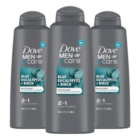 Dove Men + Care bottle front packaging showing eucalyptus and birch scent benefits