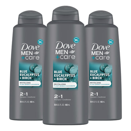 Dove Men + Care bottle front packaging showing eucalyptus and birch scent benefits