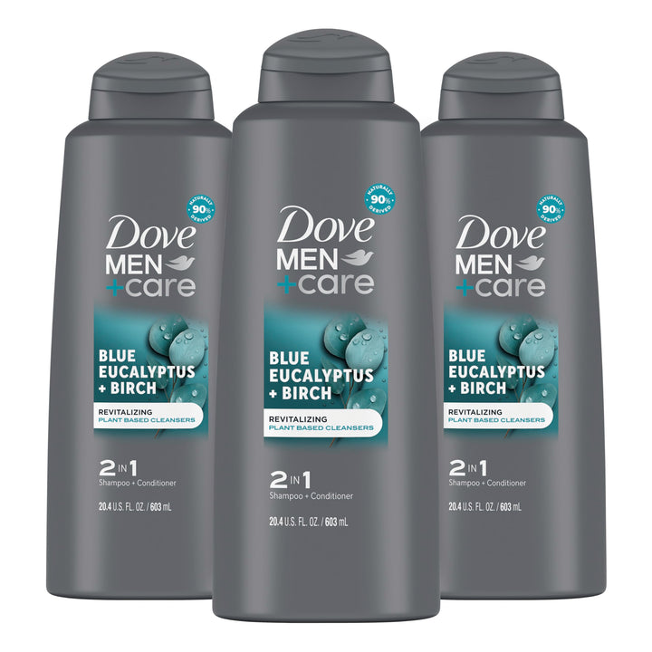 Dove Men + Care bottle front packaging showing eucalyptus and birch scent benefits