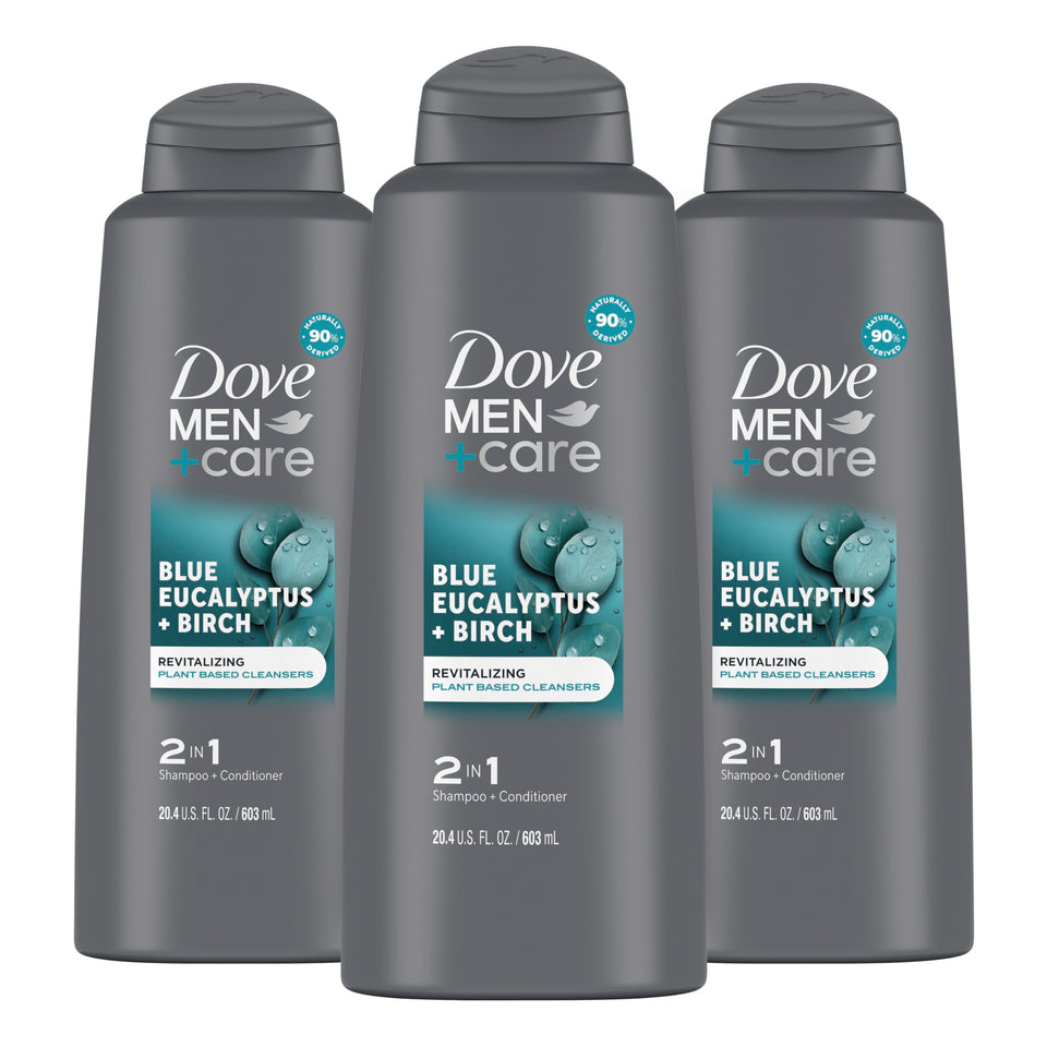 Dove Men + Care bottle front packaging showing eucalyptus and birch scent benefits