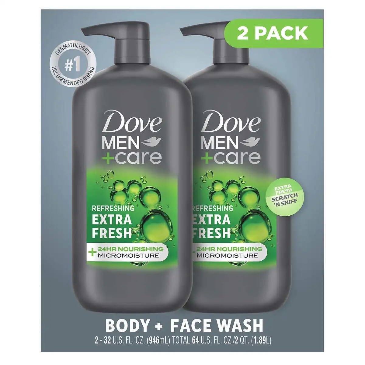 Dove Men+Care front packaging showing two 32 oz bottles and clear branding for value