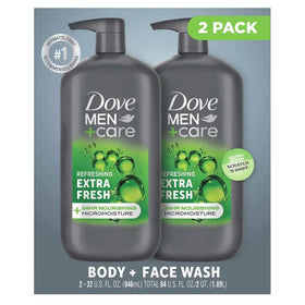 Dove Men+Care front packaging showing two 32 oz bottles and clear branding for value