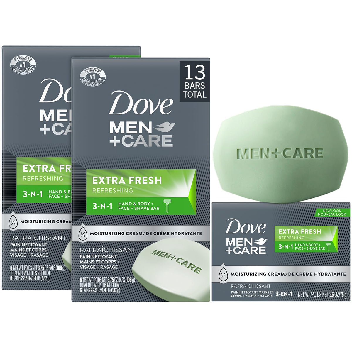 DOVE MEN + CARE front packaging showing multiple bars and branding freshness
