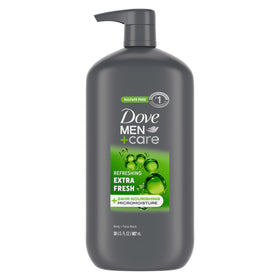 DOVE MEN + CARE front packaging showing 30 oz bottle for easy refills