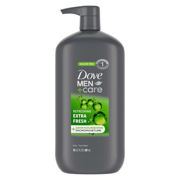 DOVE MEN + CARE front packaging showing 30 oz bottle for easy refills