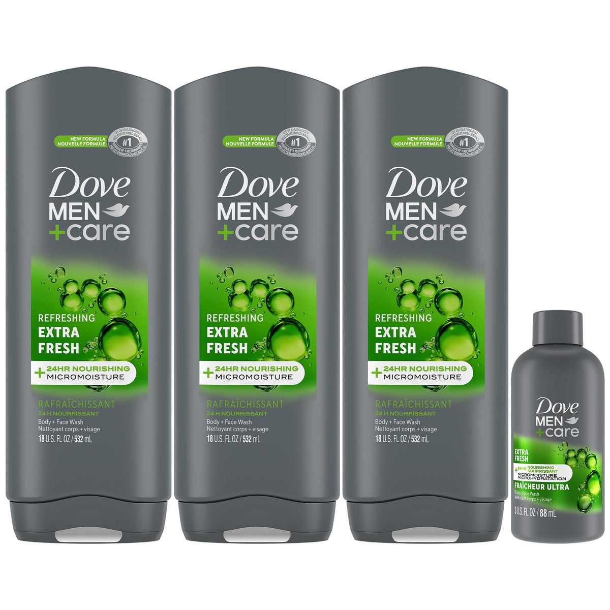 Dove Men+Care front packaging showing three full bottles and travel bottle for convenience