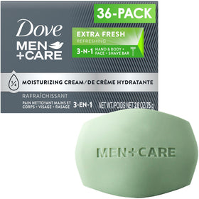 Dove Men+Care front packaging showing 36-pack and product benefit