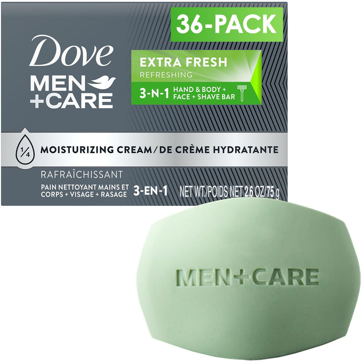 Dove Men+Care front packaging showing 36-pack and product benefit