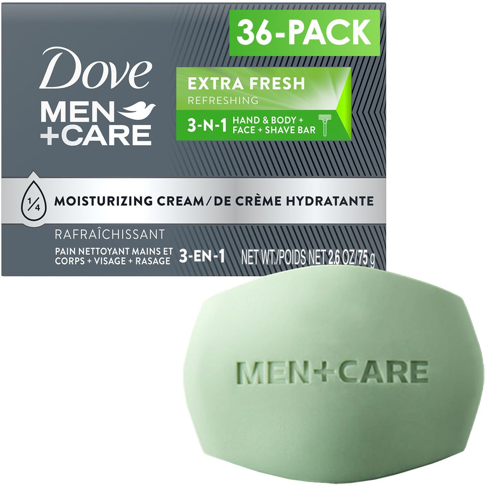 Dove Men+Care front packaging showing 36-pack and product benefit