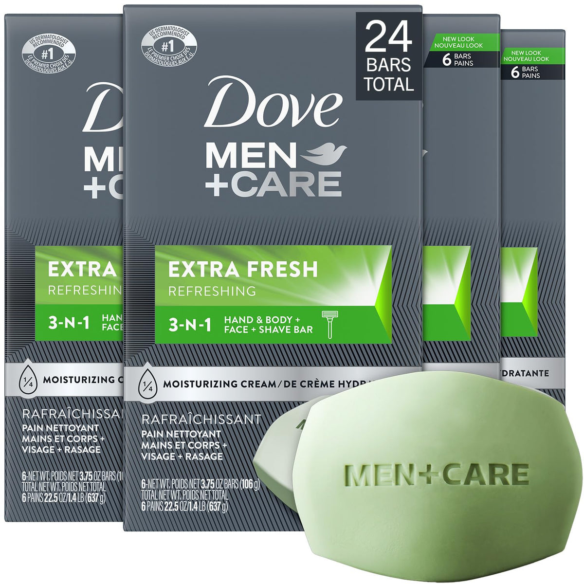 Dove Men+Care front packaging showing 4-pack and hydrating benefit