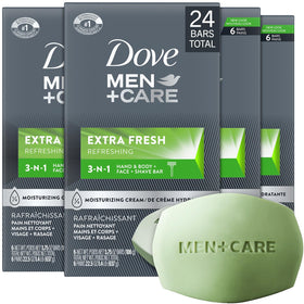 Dove Men+Care front packaging showing 4-pack and hydrating benefit
