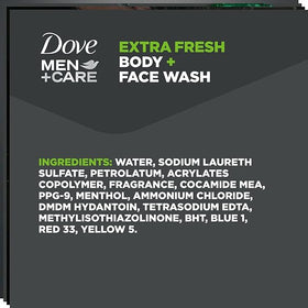 Dove Men+Care label detail highlighting ingredients and usage guidance for informed choice