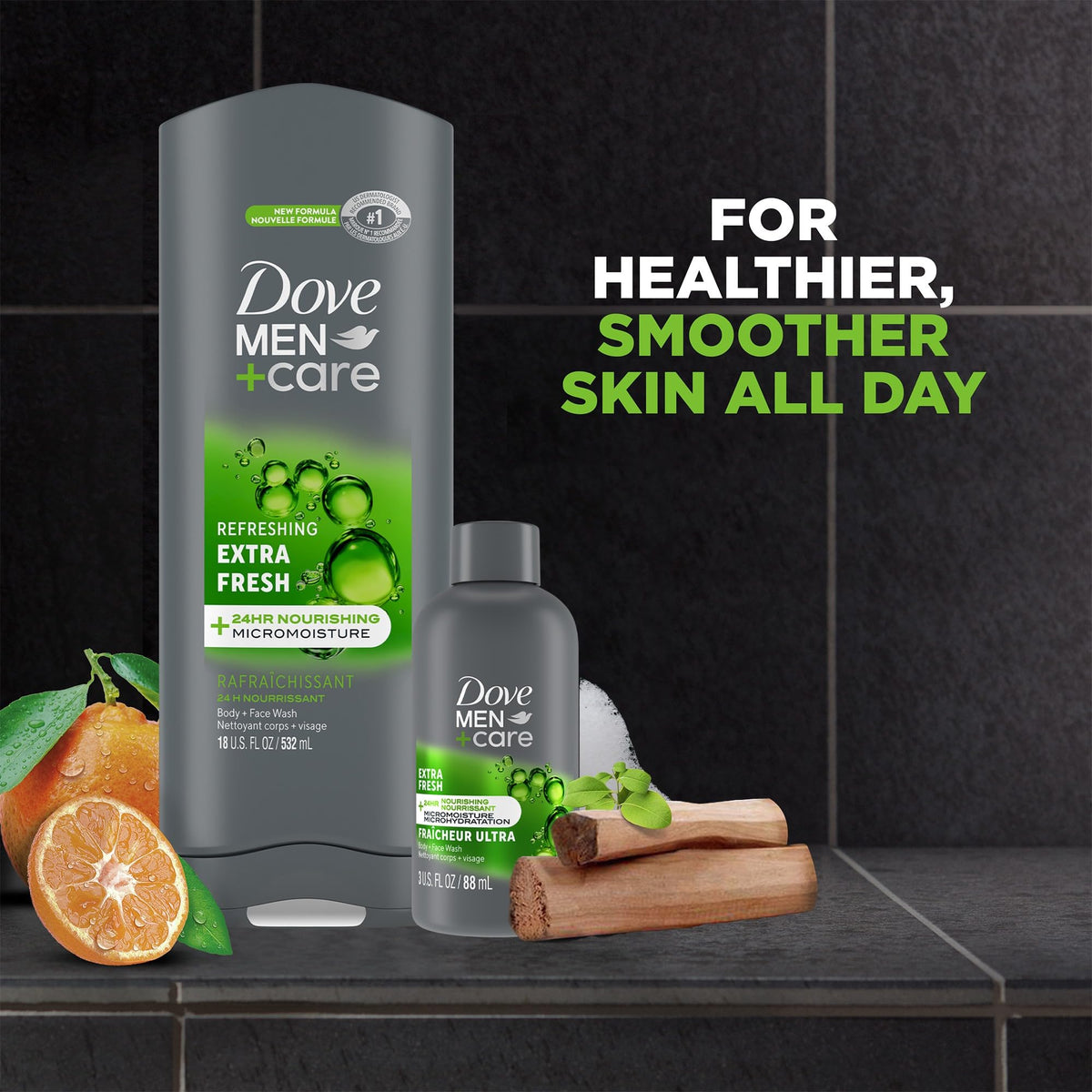 Dove Men+Care travel-size bottle beside keys showcasing portability for travel