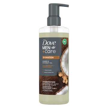 DOVE MEN + CARE front bottle with ginger coconut scent and clear hydration benefit
