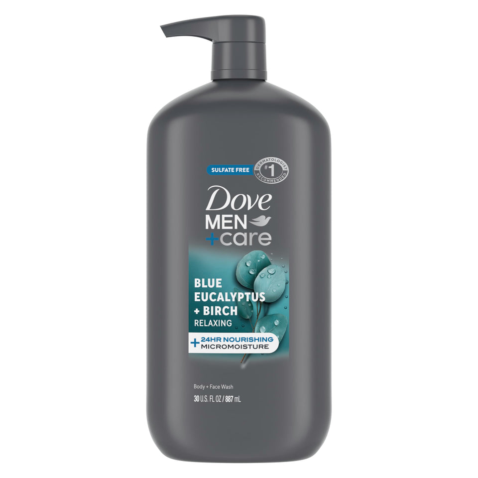 Dove Men+Care front label on 30 oz bottle showing product name and scent benefit