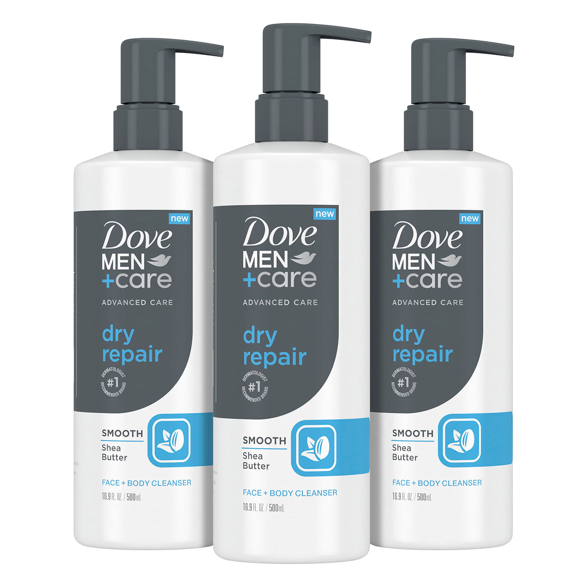 DOVE MEN + CARE front bottle pack shows advanced care benefits and hydrating action