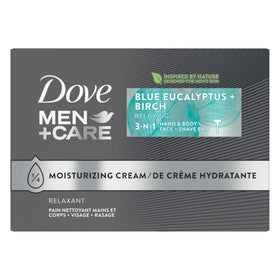 Dove Men+Care front packaging showing eucalyptus scent and benefits