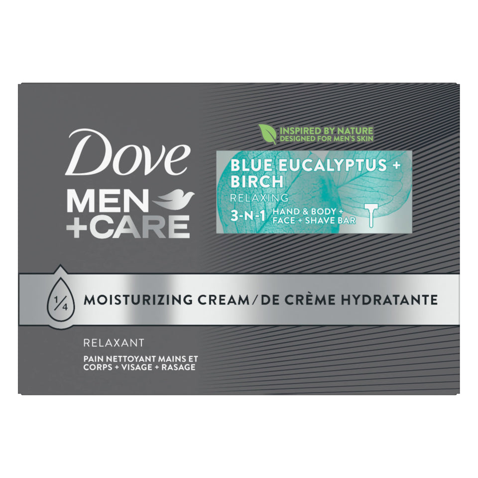 Dove Men+Care front packaging showing eucalyptus scent and benefits