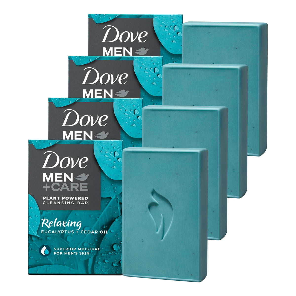 DOVE MEN + CARE front packaging showing eucalyptus scent and pack of four benefits