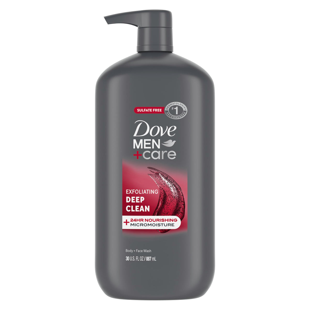 Dove Men+Care front packaging showing 30 oz exfoliating deep clean and benefits