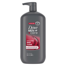 Dove Men+Care front packaging showing 30 oz exfoliating deep clean and benefits