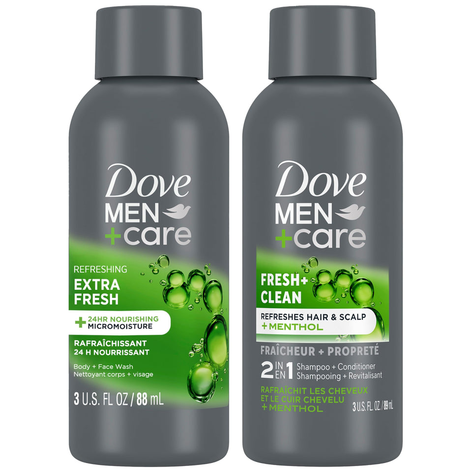 Dove Men+Care front packaging showing compact travel bundle and easy carry convenience