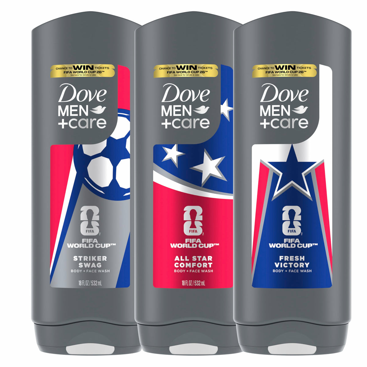 Dove Men+Care front packaging showing three limited edition bottles and collectible design