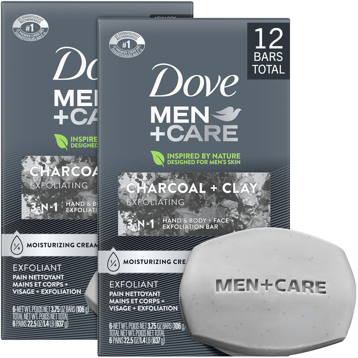 Dove Men+Care front packaging showing two-pack and charcoal scent benefit