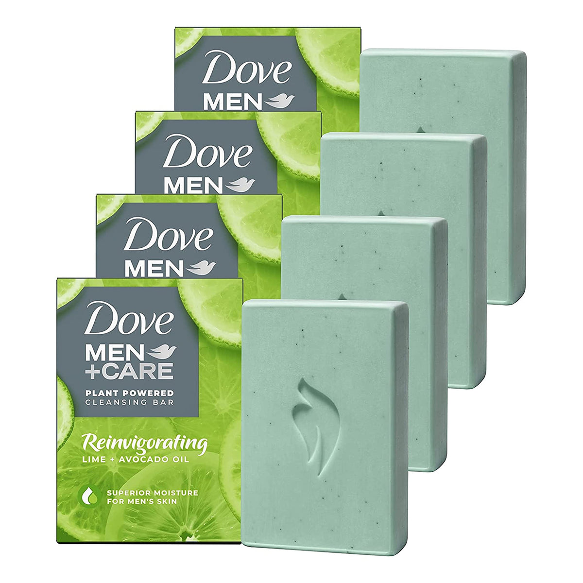 DOVE MEN + CARE front packaging showing bar count and scent benefits