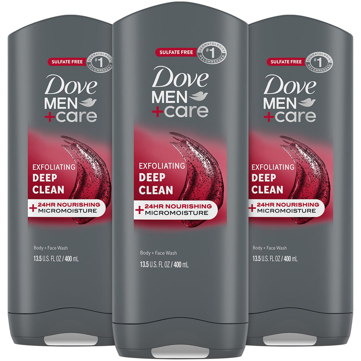 Dove Men+Care front packaging showing product and size, highlights convenience