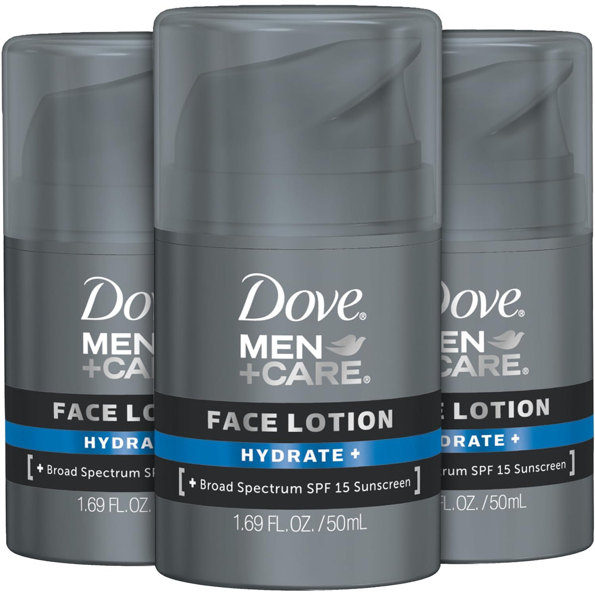 Dove Men+Care front packaging showing three 1.69 oz tubes for convenient hydration