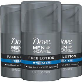 Dove Men+Care front packaging showing three 1.69 oz tubes for convenient hydration