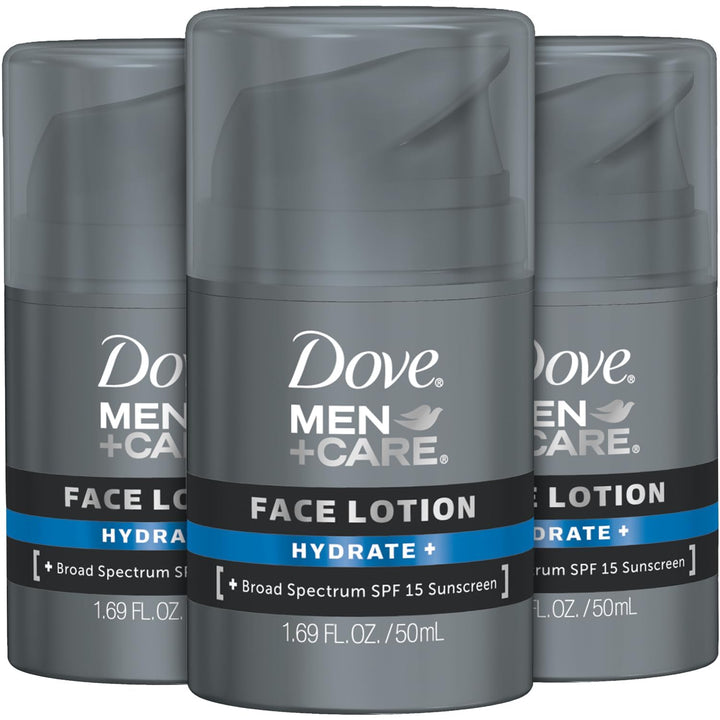 Dove Men+Care front packaging showing three 1.69 oz tubes for convenient hydration