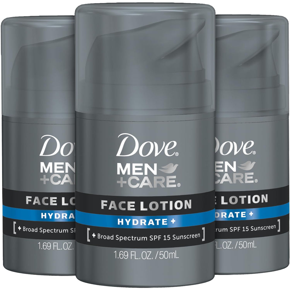 Dove Men+Care front packaging showing three 1.69 oz tubes for convenient hydration