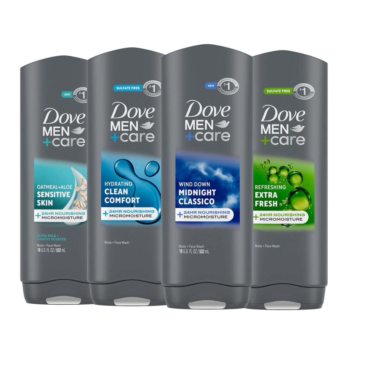 DOVE MEN + CARE front packaging showing four bottles and clear labeling for hydration